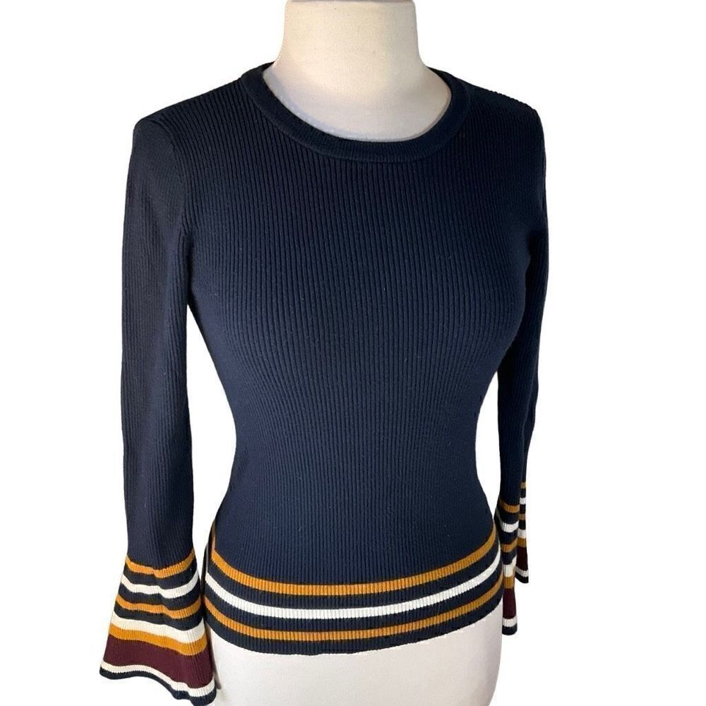 Marled Bell Sleeve Ribbed Contrast Sweater, M, Navy